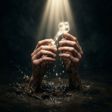 Human hands with hopeful mood raising a glowing transparent key from dark turbulent water into a beam of pure light against a symbolic conceptual background