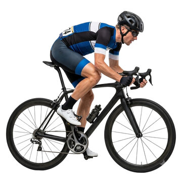 Professional male cyclist riding black racing bike while wearing blue jersey gear on transparent background