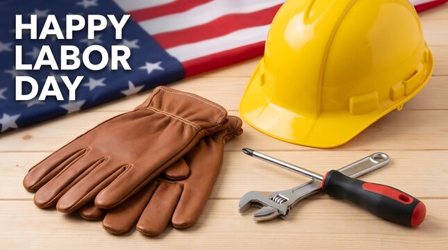Happy Labor Day Text with Safety Helmet, Gloves and Tools on Wooden Table, American Flag Background