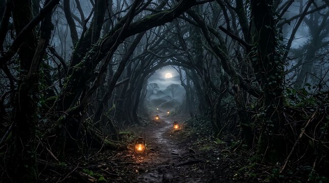 Mystical forest path with glowing lanterns under a full moon