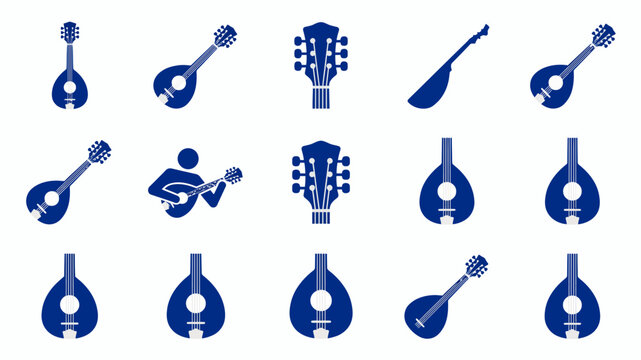 Collection of various musical instruments including mandolin and guitar icons isolated designs