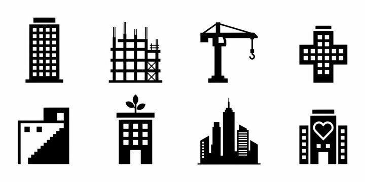 Set of eight stylized icons representing different types of buildings and construction elements