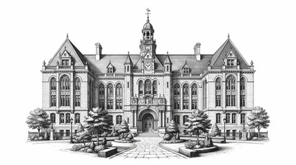 Obraz premium Detailed Architectural Ink Sketch of a Grand Gothic Revival University Building with Central Tower and Formal Gardens