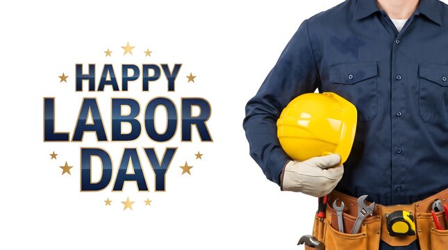 Happy Labor Day Text with Worker Holding Yellow Safety Helmet on White Background