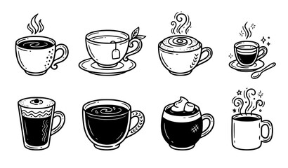 Obraz premium Hand drawn hot coffee tea cappuccino cup doodle vector set
