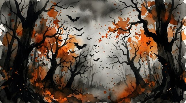 Halloween Spooky Forest Scene with Flying Bats and Autumn Trees, Dark Gothic Illustration. Mysterious Night Landscape Fo