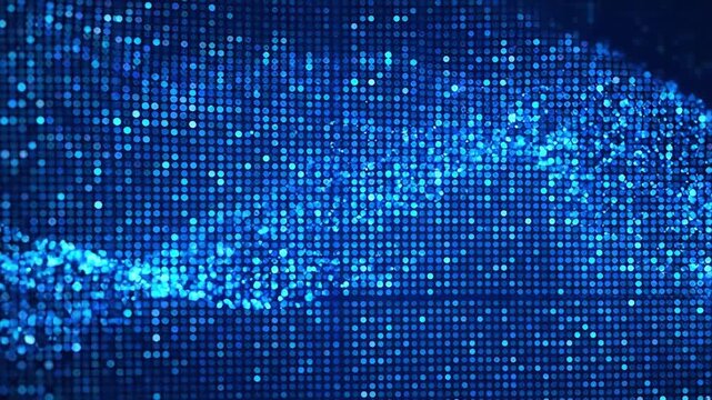 Abstract digital background with glowing blue circular particles forming a diagonal wave pattern on a dark grid