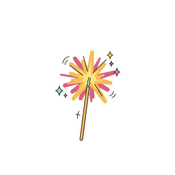 Brightly colored festive sparkler firework with yellow and pink starburst rays isolated on a plain white background, for holiday celebrations