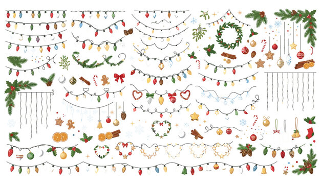 Holiday light garland collection with vintage colorful glowing bulb strings winter evergreen borders gingerbread cookies and decorative hanging ornaments for card design