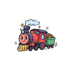 Cheerful cartoon steam locomotive train with red engine and green cargo wagon carrying loads with sparkling stars and smoke on white background © Abdul alim
