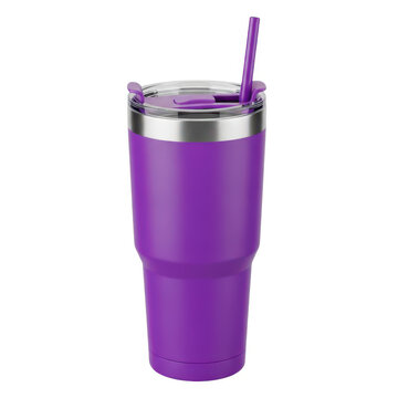 Purple tumbler cup with matching straw isolated on white background
