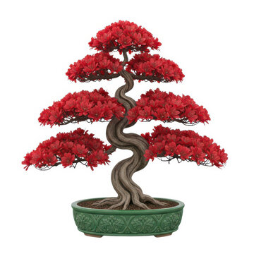 Red bonsai tree in elegant pot isolated on white background