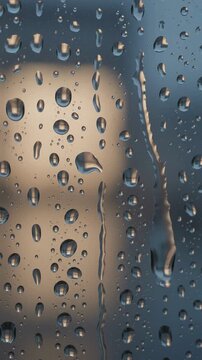 Raindrops on a window pane with blurred city lights in the background.