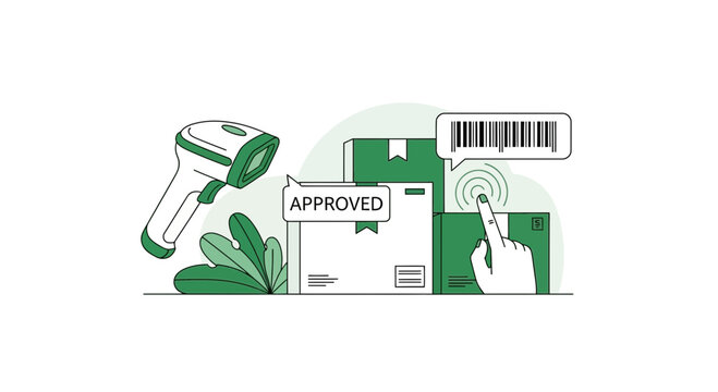 Logistics and Warehouse Management Illustration with Barcode Scanner and Approved Shipping Boxes