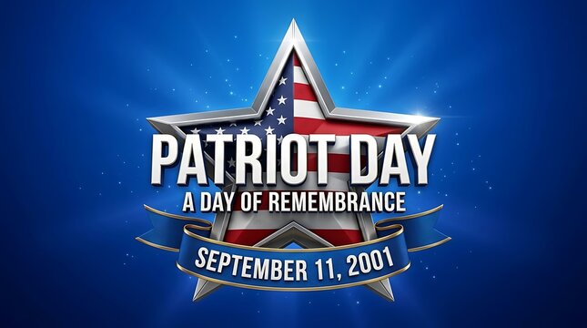 Patriot Day a day of remembrance september 11 2001 text with american flag star emblem and blue starburst background.