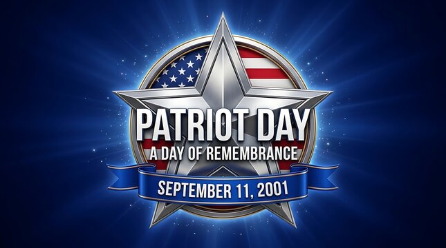 Patriot Day remembrance star with American flag and September 11 2001 date on a glowing blue background with light beams for memorial.