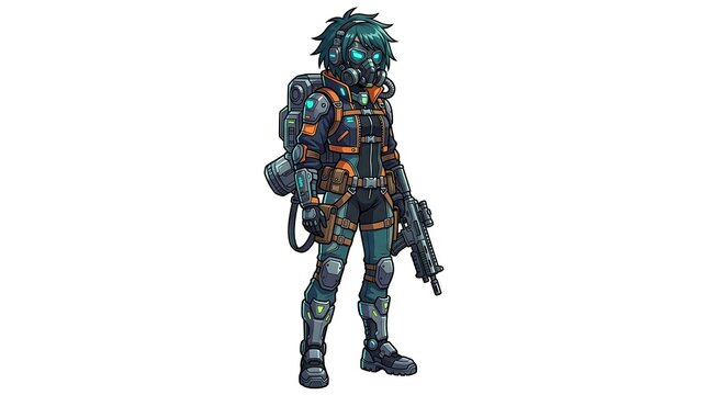 Cyberpunk style robot warrior in motion.