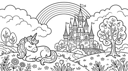 Fototapeta premium Cute Unicorn and Fairy Tale Castle Coloring Page for Kids