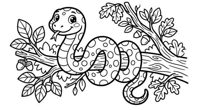 Cute cartoon snake on a tree branch coloring page for kids vector illustration.