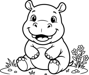 Cute cartoon hippo sitting in grass with flowers isolated on transparent background