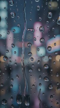 Raindrops on a window pane with blurred city lights in the background at night.