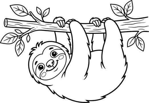 Cute cartoon sloth hanging from a branch illustration isolated on transparent background
