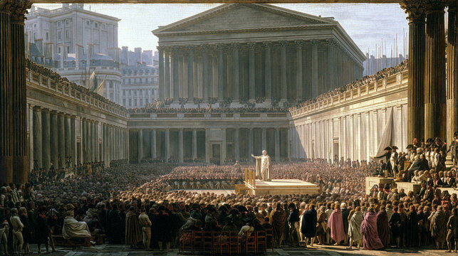 Neoclassical oil painting of a classical civic assembly in a stage-like setting