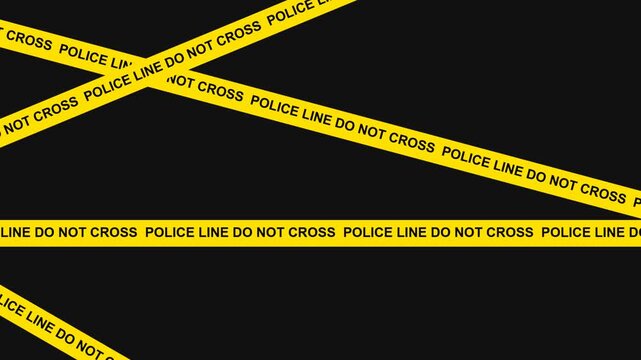 Yellow police line do not cross caution tape strips arranged in a crossing pattern on a dark background