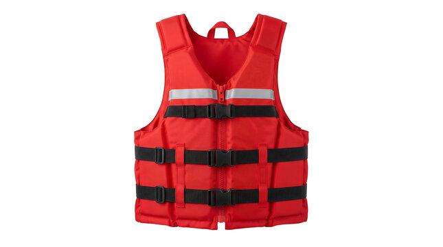 Bright red personal flotation device with black adjustable straps and reflective strips, designed for water safety and buoyancy.