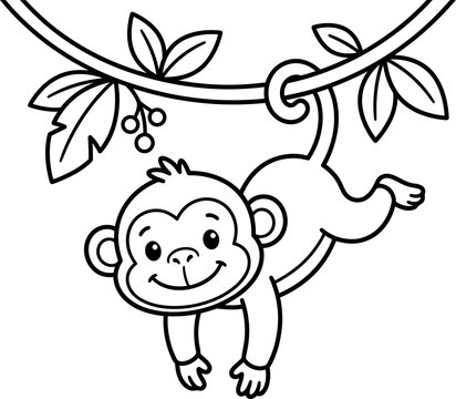 Cute cartoon monkey hanging from a branch illustration isolated on transparent background