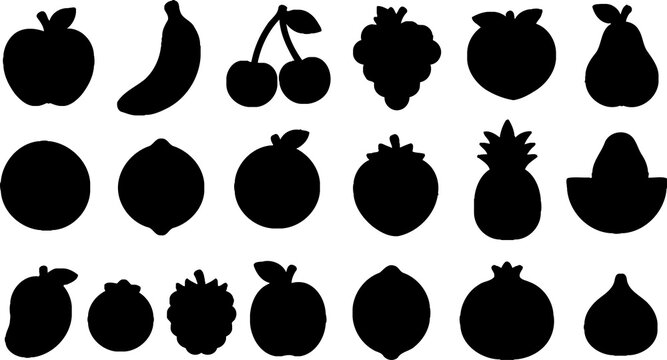Collection of black silhouette fruits including apples bananas and cherries isolated on transparent background