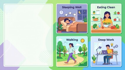 Fototapeta premium Wellness Lifestyle Illustration Depicting Daily Routines Including Sleeping, Nutrition, Walking and Deep Work Activities