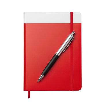 Red notebook with pen on cover isolated on white background