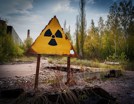 an abandoned radiation warning sign in the chernobyl exclusion zone