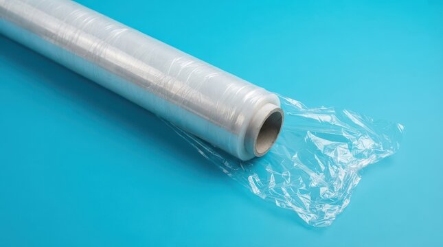 A roll of transparent plastic stretch wrap film on a blue background