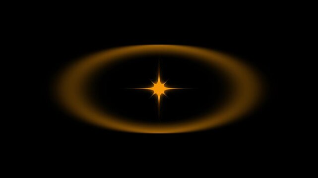 Cinematic orange sparkling circle burst and twinkle star animation with glowing elash effects, shimmering light festive on black background, 4K motion graphics