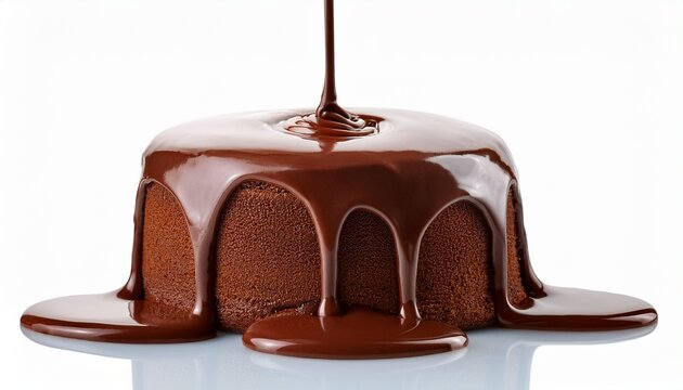 pouring chocolate dripping from cake top isolated on white backg