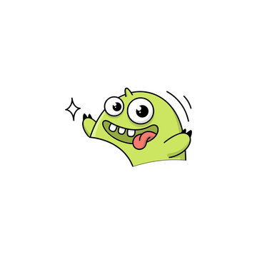 Funny light green blob monster character with big eyes and tongue sticking out isolated on a white background, for playful