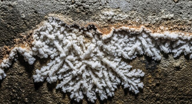 Detailed salt formations against a textured concrete background, construction materials failure concept, AI generated