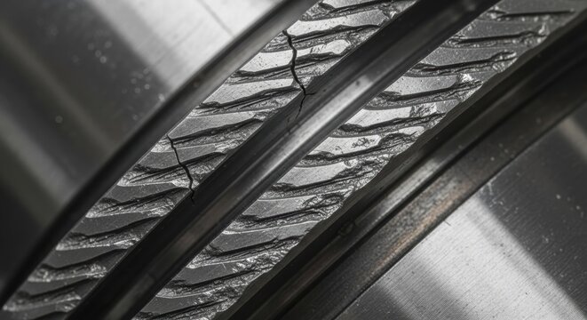 Close-up of a fractured bearing race with visible spalling and surface degradation, indicating mechanical failure and stress, AI generated