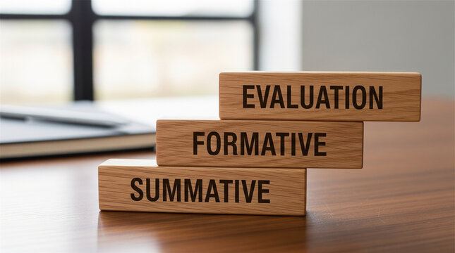 Wooden blocks stacked in steps showing summative formative and evaluation text.