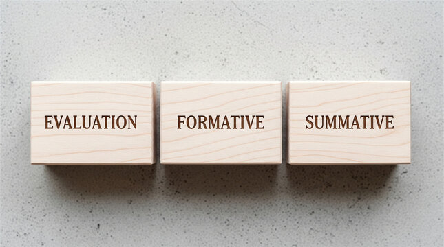 Wooden blocks displaying evaluation formative and summative educational concepts.