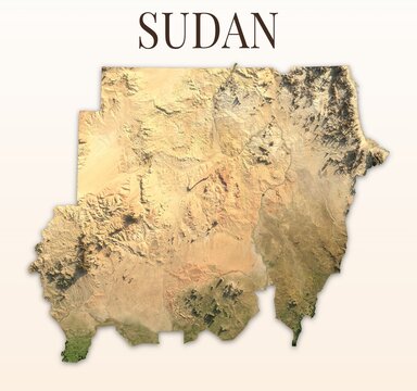 Sudan Shaded Relief Map. Hillshaded physical terrain map illustration. Light background with title. Illustration elements derived from NASA Imagery and NASADEM Global Elevation Model.