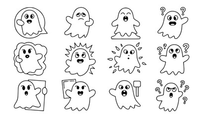 Obraz premium Cute Halloween ghost character line icon set featuring thin line outline symbol of friendly phantom in various emotions, poses, question marks, speech bubble, and signs vector illustration.