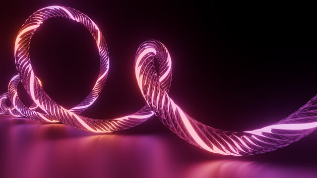 Neon rope loop spiral pink glow abstract dark background with luminous twisted cable curve on reflective surface