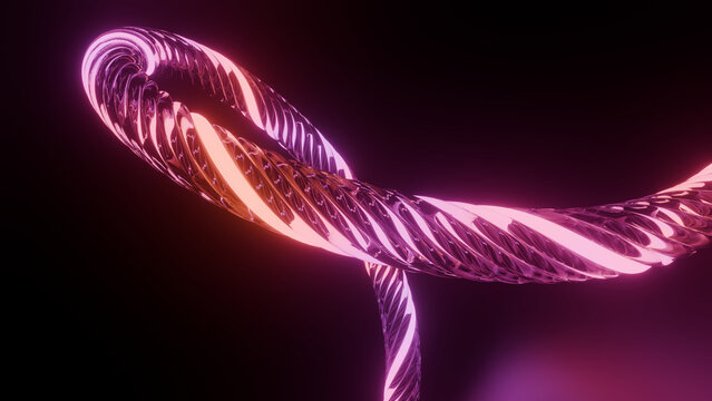 Abstract neon ribbon spiral glow pink luminous twisted wave on black background with futuristic motion energy
