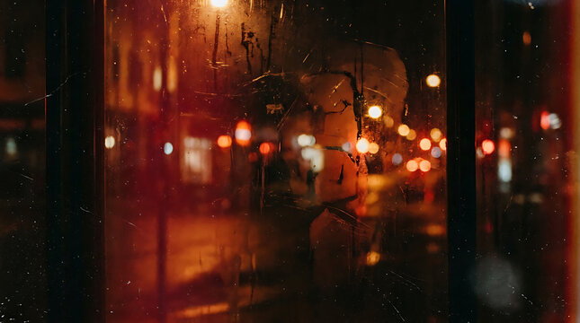 Raindrops on window glass at night with blurred orange city street lights raindrops reflection