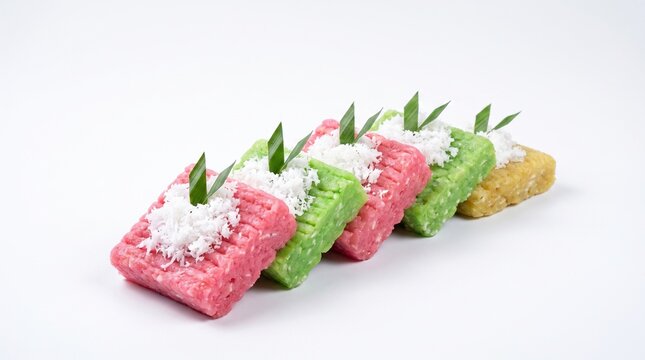 Traditional Indonesian sweet mashed cassava snack Getuk Lindri topped with grated coconut and pandan leaves