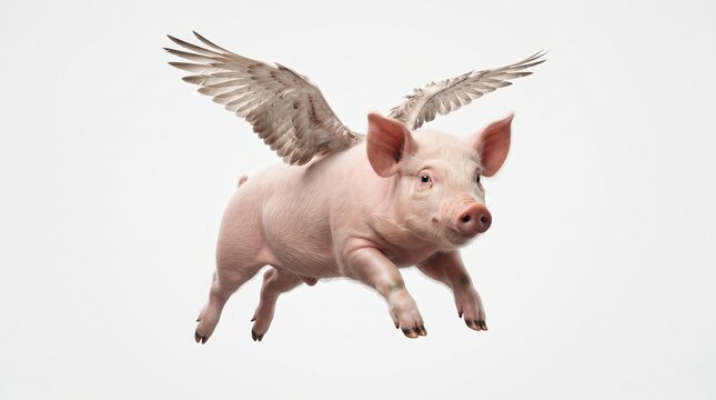 When Pigs Fly Concept with Realistic Pig and Feathered Wings