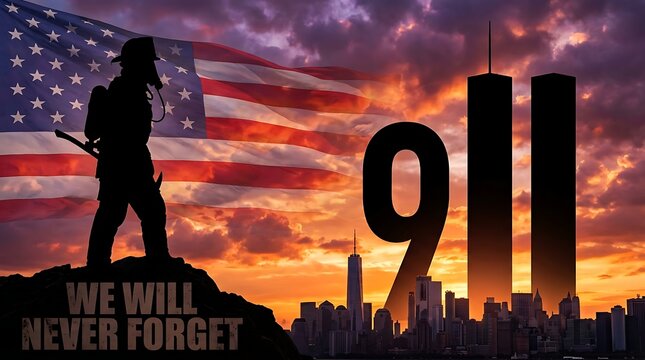 Firefighter on hilltop with American flag and 9/11 Twin Towers at sunset, remembrance message 'we will never forget' for Patriot Day tributes.
